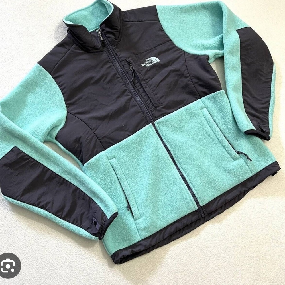 The North Face Denali Cozy Fleece Full Zip Jacket Coat Gray Aqua small Pockets